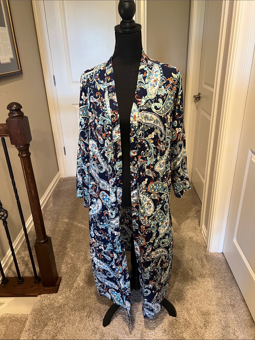Navy Paisley Long Kimono Robe with Teal Accents